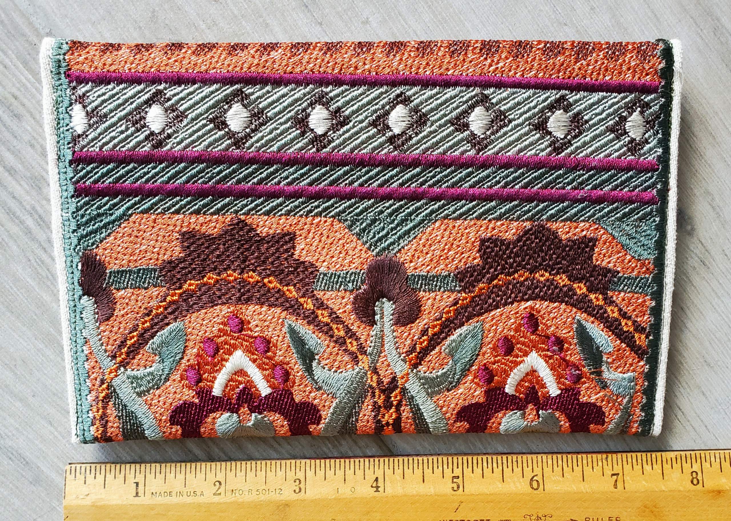 large-tapestry-embroidered-wallet-back-sage-rust-Jen's-Bag-embroidered-bag